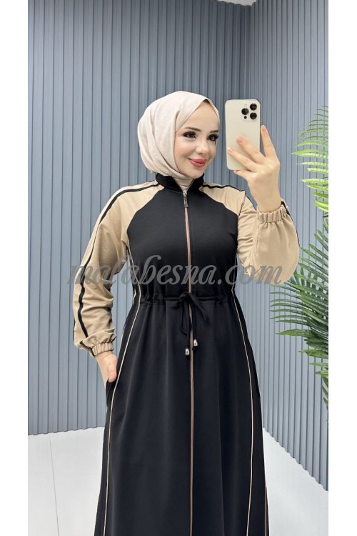 black sporty abaya with beige color on the shoulders