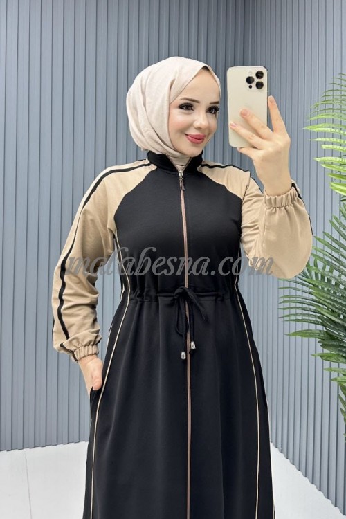 black sporty abaya with beige color on the shoulders