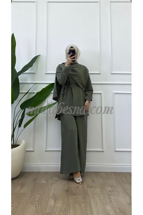 2 Pieces Olive green set with wrap top and wide-leg pants
