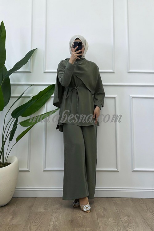 2 Pieces Olive green set with wrap top and wide-leg pants