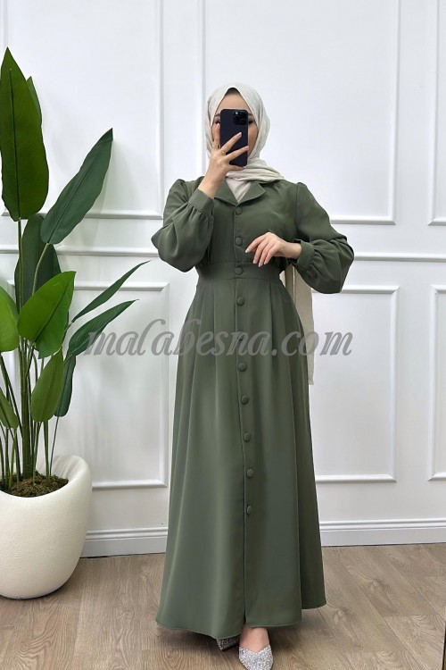Oily green dress with front buttons