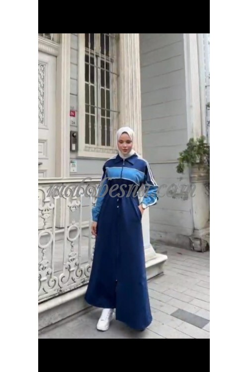 Dark blue abaya with blue color and two white lines on the sleeves