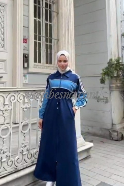 Dark blue abaya with blue color and two white lines on the sleeves