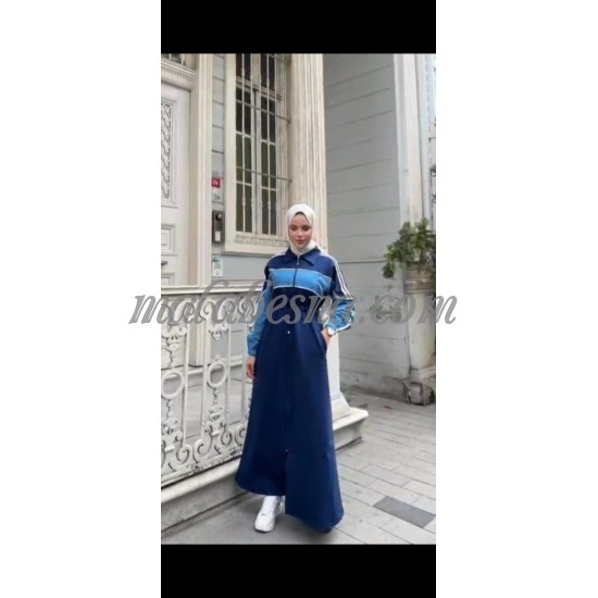 Dark blue abaya with blue color and two white lines on the sleeves Dark blue abaya with blue color and two white lines on the sleeves