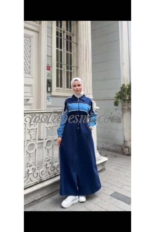 Dark blue abaya with blue color and two white lines on the sleeves