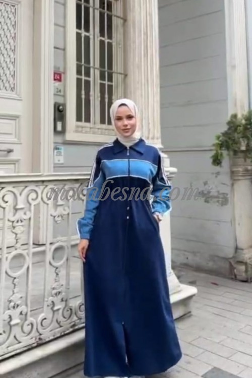Dark blue abaya with blue color and two white lines on the sleeves