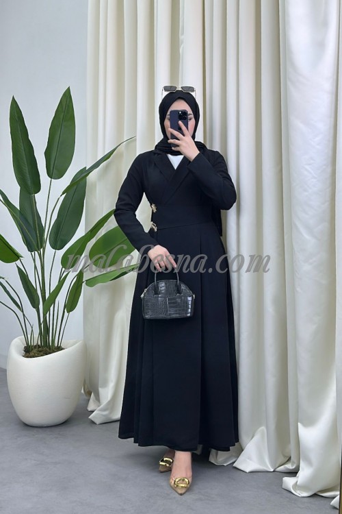 Elegant Black maxi dress with gold buttons