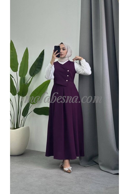 Purple dress with white sleeves with onfront buttons