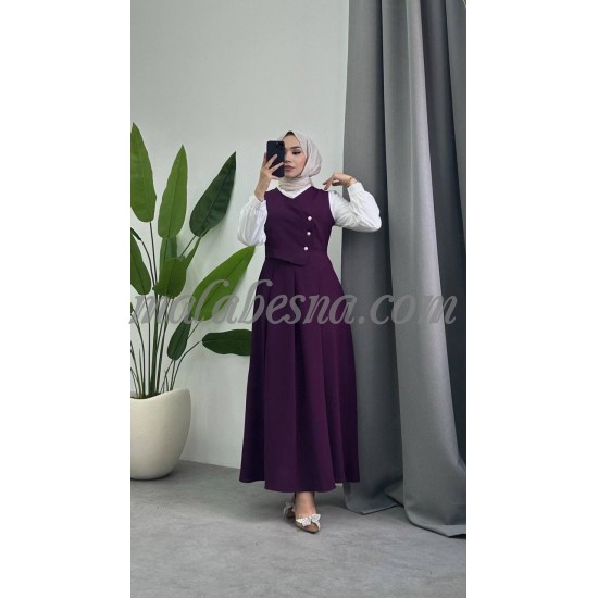 Purple dress with white sleeves with onfront buttons