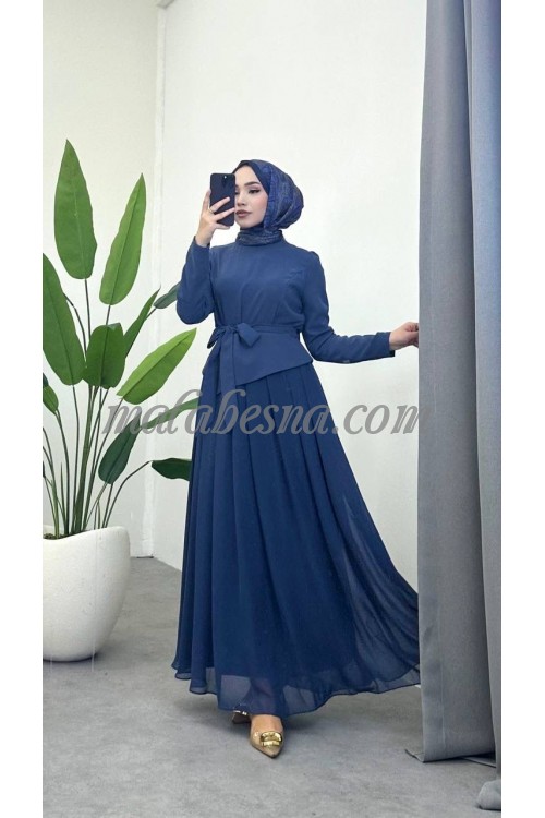 Blue chiffon dress with belt