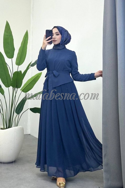 Blue chiffon dress with belt
