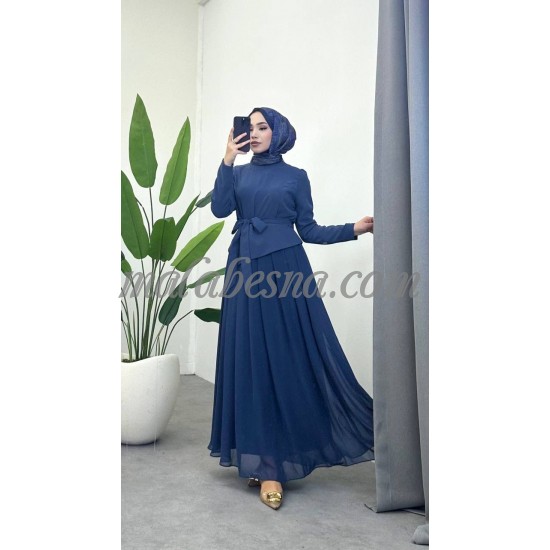 Blue chiffon dress with belt