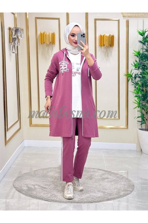 3 Pieces pink training suit with white pattern on the jacket and white shirt