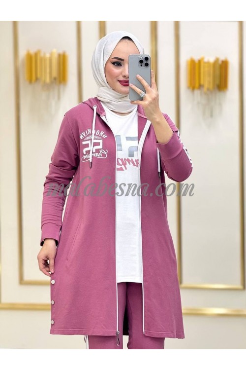 3 Pieces pink training suit with white pattern on the jacket and white shirt