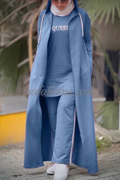 3 Pieces Petrol suit with white lines and long cardigan