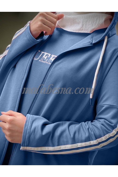 3 Pieces Petrol suit with white lines and long cardigan