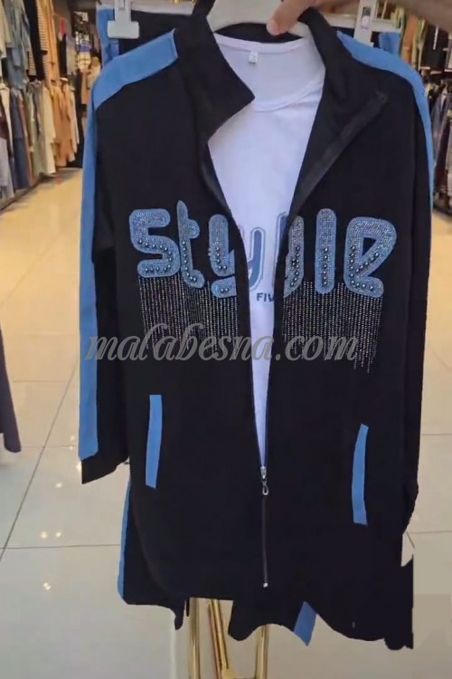 3 pieces black and jeans suit with strass on the jacket