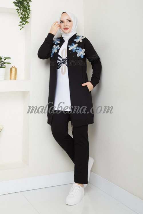 3 pieces black suit with flowers on the jacket
