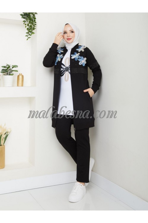 3 pieces black suit with flowers on the jacket