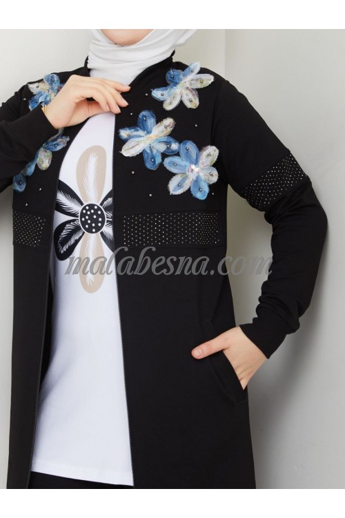 3 pieces black suit with flowers on the jacket