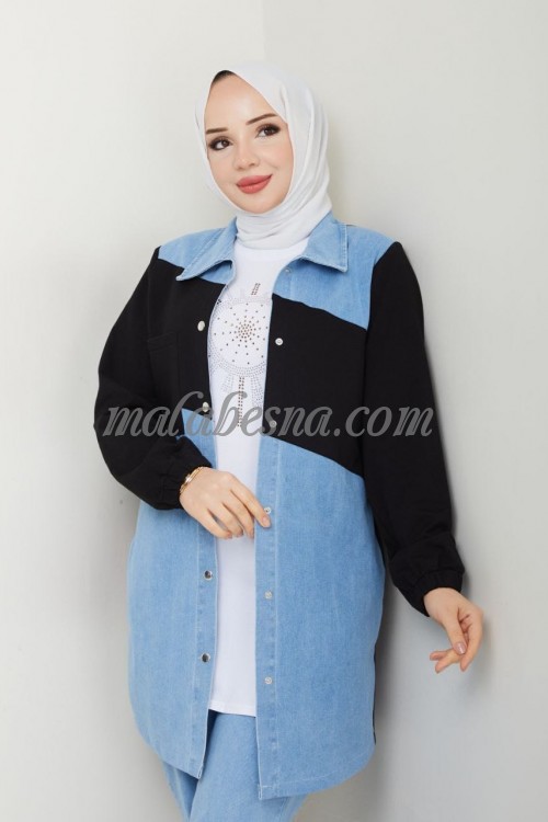 3 Pieces jeans suit with black color on the jacket and blouse with pants