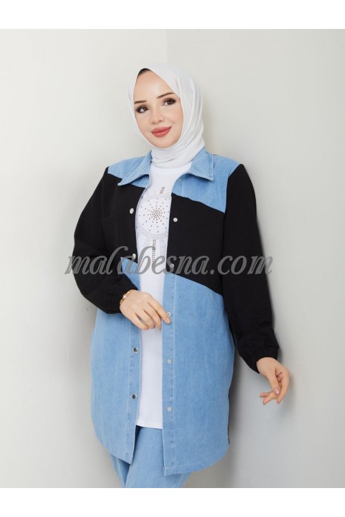 3 Pieces jeans suit with black color on the jacket and blouse with pants