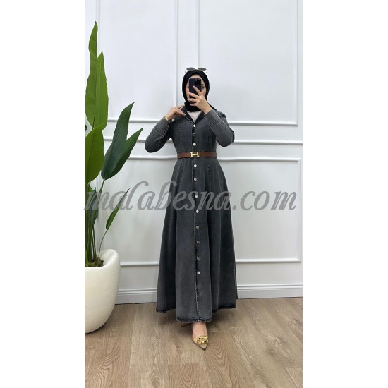 Black jeans dress with infront buttons and brown belt Black jeans dress with infront buttons and brown belt