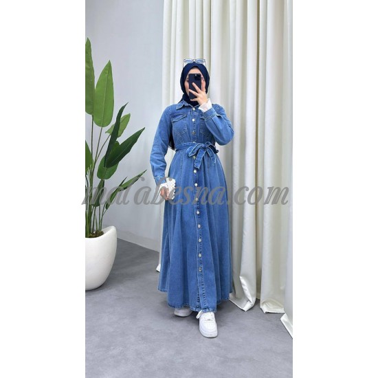 Light jeans dress with white dantail on the sleeves and belt Light jeans dress with white dantail on the sleeves and belt