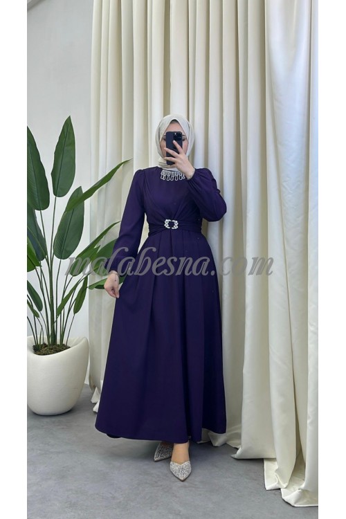 Purple dress with silver collar and belt with accessories