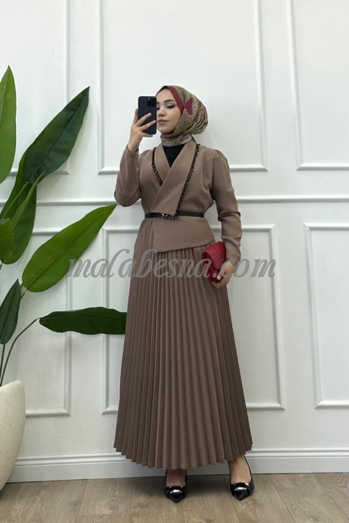 Beige pleated dress with black shiny stones on the chest