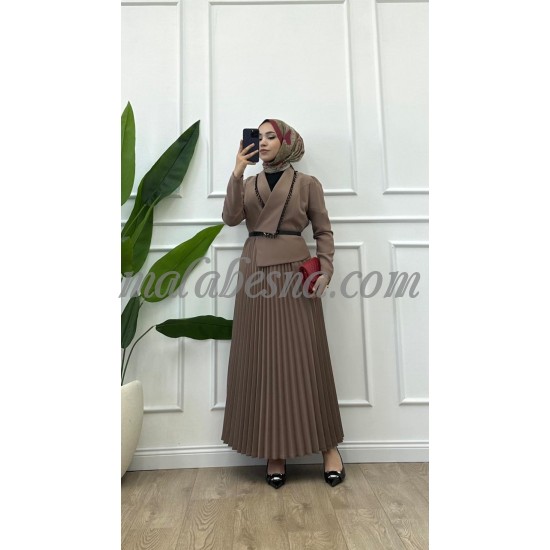 Beige pleated dress with black shiny stones on the chest Beige pleated dress with black shiny stones on the chest