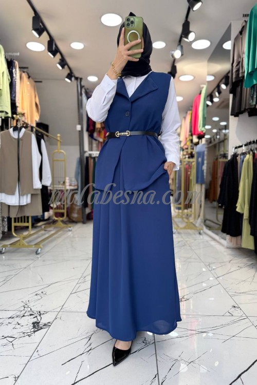 3 Pieces Dark blue skirt with white shirt and black belt