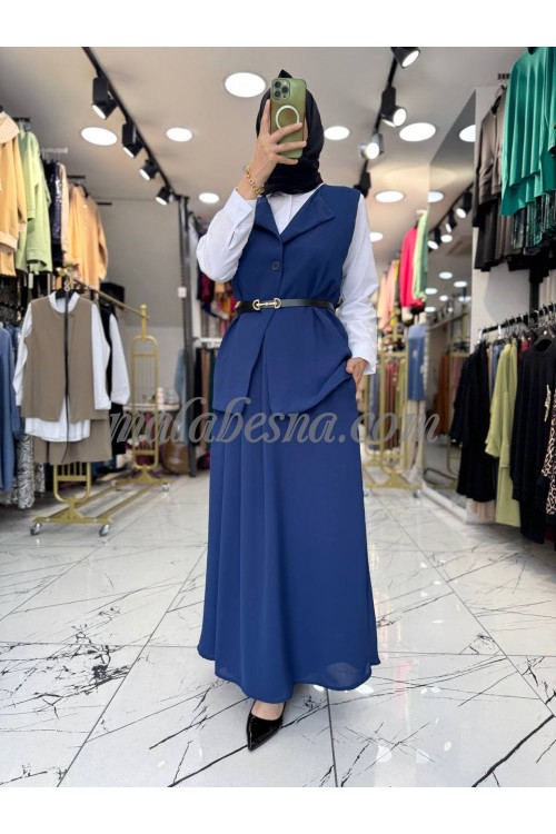 3 Pieces Dark blue skirt with white shirt and black belt