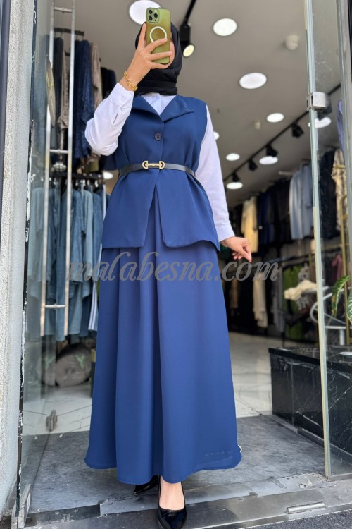 3 Pieces Dark blue skirt with white shirt and black belt