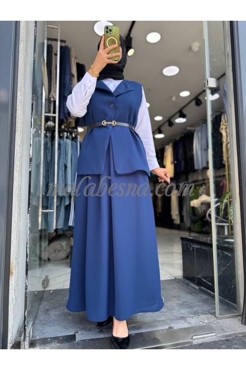 3 Pieces Dark blue skirt with white shirt and black belt
