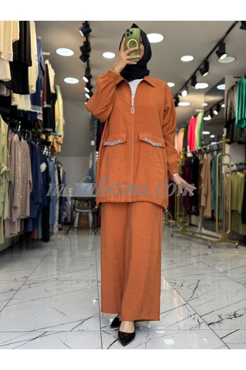 3 Pieces brick color with strass on the pocket with pants