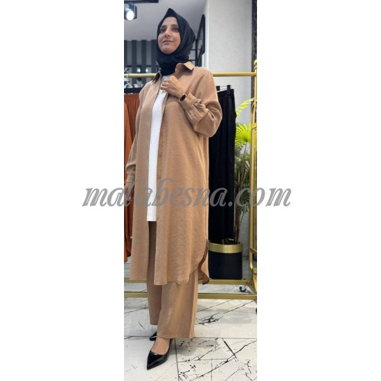 3 Pieces beige suit with long shirt and long blouse with pants 3 Pieces beige suit with long shirt and long blouse with pants