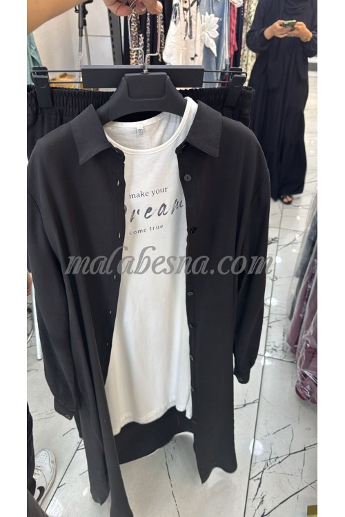3 Pieces Black suit with long shirt and long blouse with pants