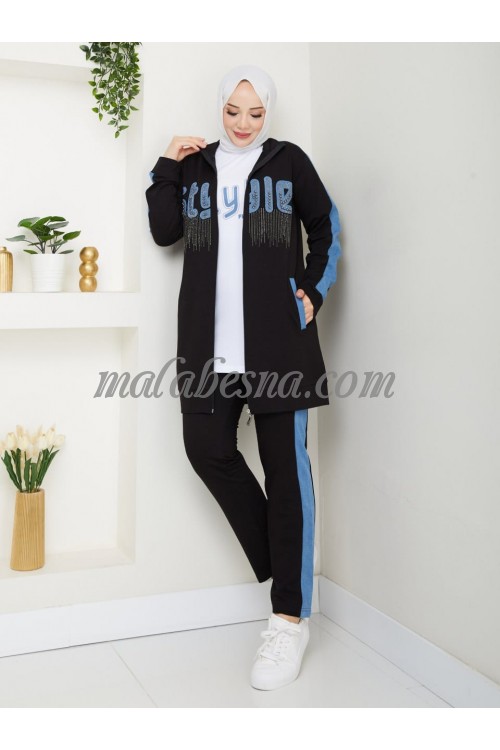 3 pieces Dark Blue and jeans suit with strass on the jacket
