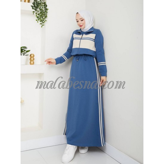 petrol sporty dress with short jacket and white lines