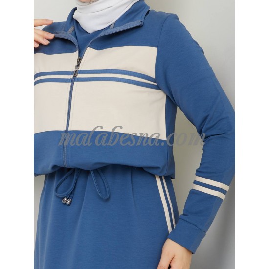petrol sporty dress with short jacket and white lines