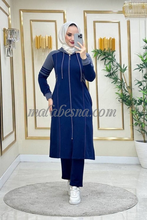 2 Pieces Dark Blue suit with gray color on the shoulders