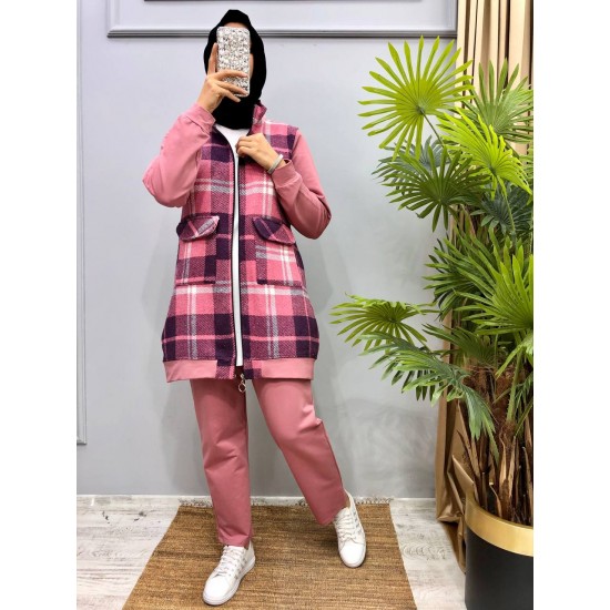 2 Pieces pink plaid suit with zipper 2 Pieces pink plaid suit with zipper