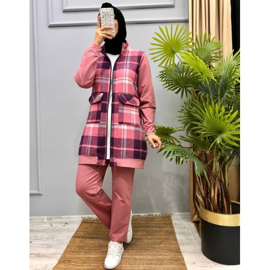 2 Pieces pink plaid suit with zipper 2 Pieces pink plaid suit with zipper