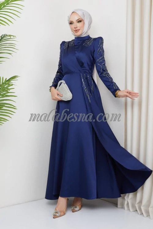 Dark blue evening dress with attached skirt with shining stones