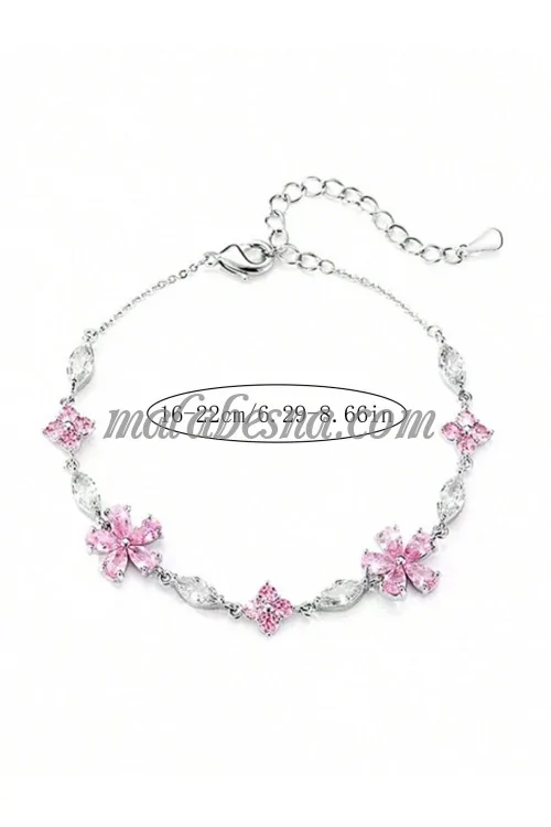 Silver bracelet with pink flowers