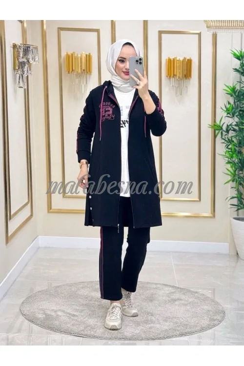 3 Pieces black training suit with pink pattern on the jacket and white shirt