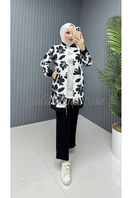 3 Pieces balck and white suit with flowers pattern on the jacket