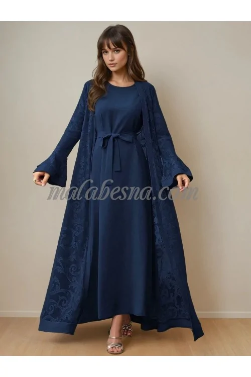 2 Pieces Blue suit long patterned jacket and a belt