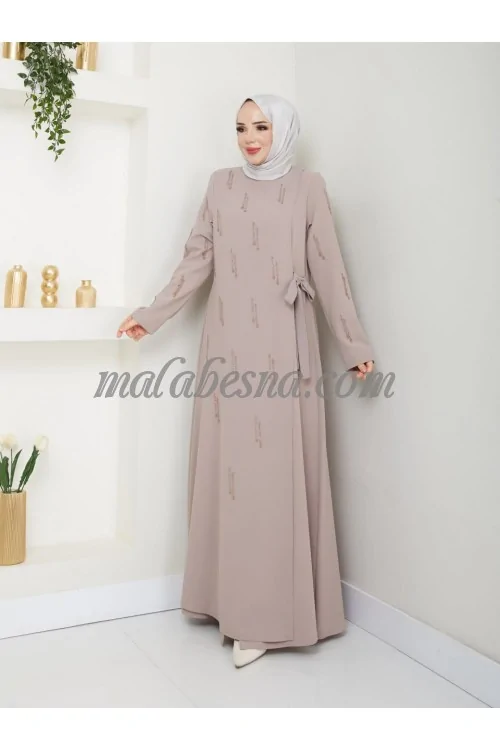 Beige abaya with shiny pearls